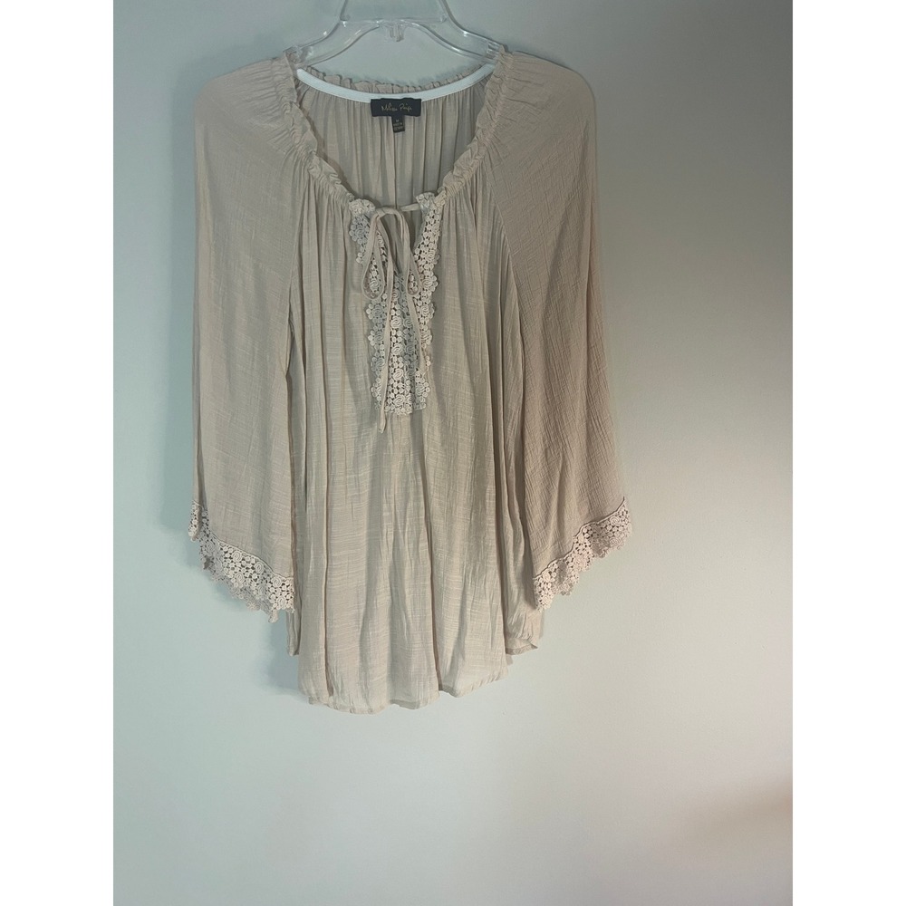 Melissa Paige Beige Crochet Lace Trim Peasant‎ Blouse Boho Tie Neck Top Medium